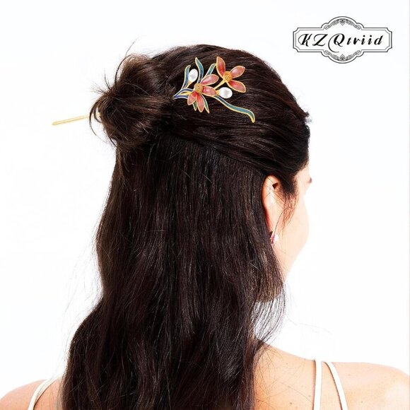 Hair Stick Jewelry-Grade Metal Pearl Flower Dunhuang Style Enamel 5.9\